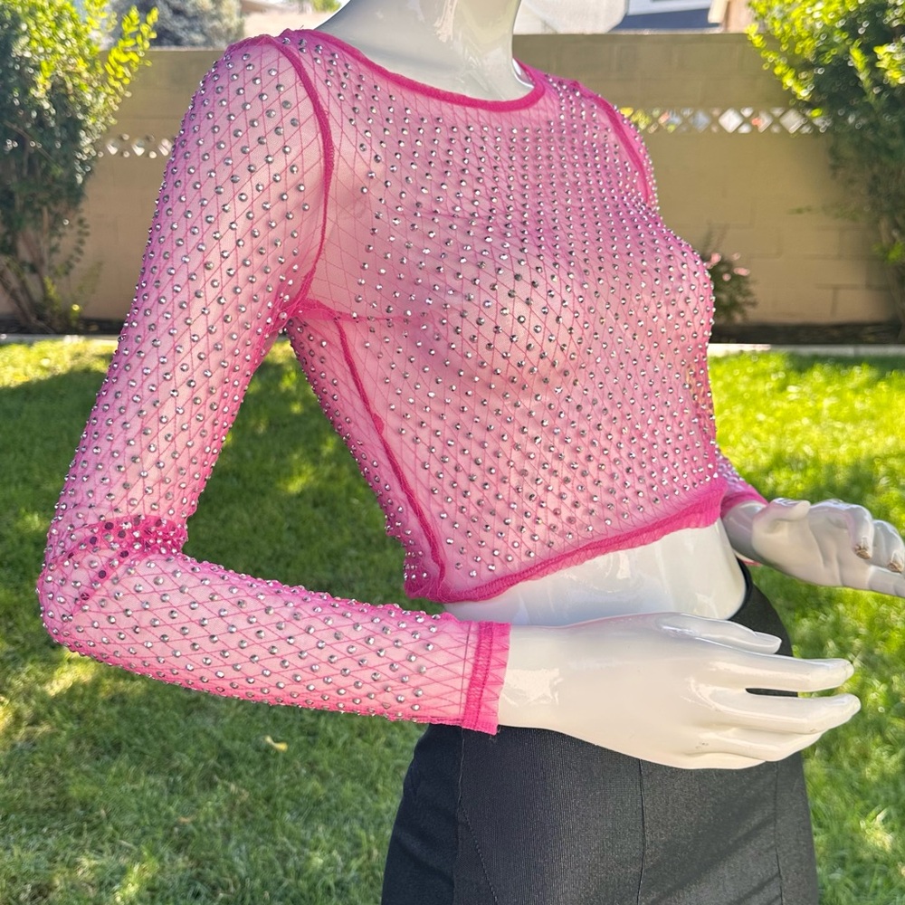 Chic Pink Embellished Sheer Blouse